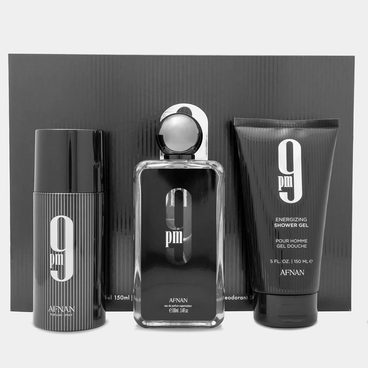 Afnan 9pm men's grooming products including a bottle, deodorant, and shower gel on a black background.
