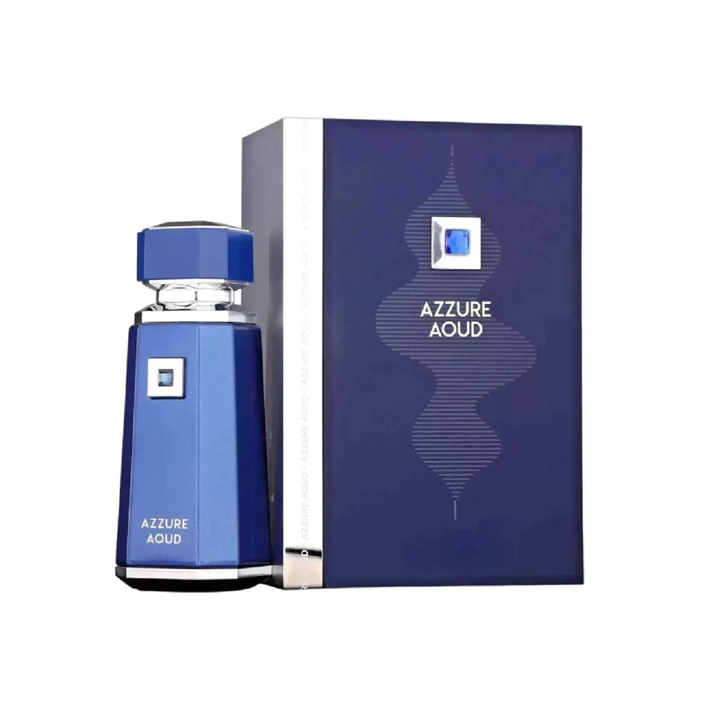 Blue Azzure Aoud perfume bottle and packaging on a white background