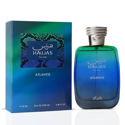 Hawas Atlantis perfume bottle and packaging on a white background
