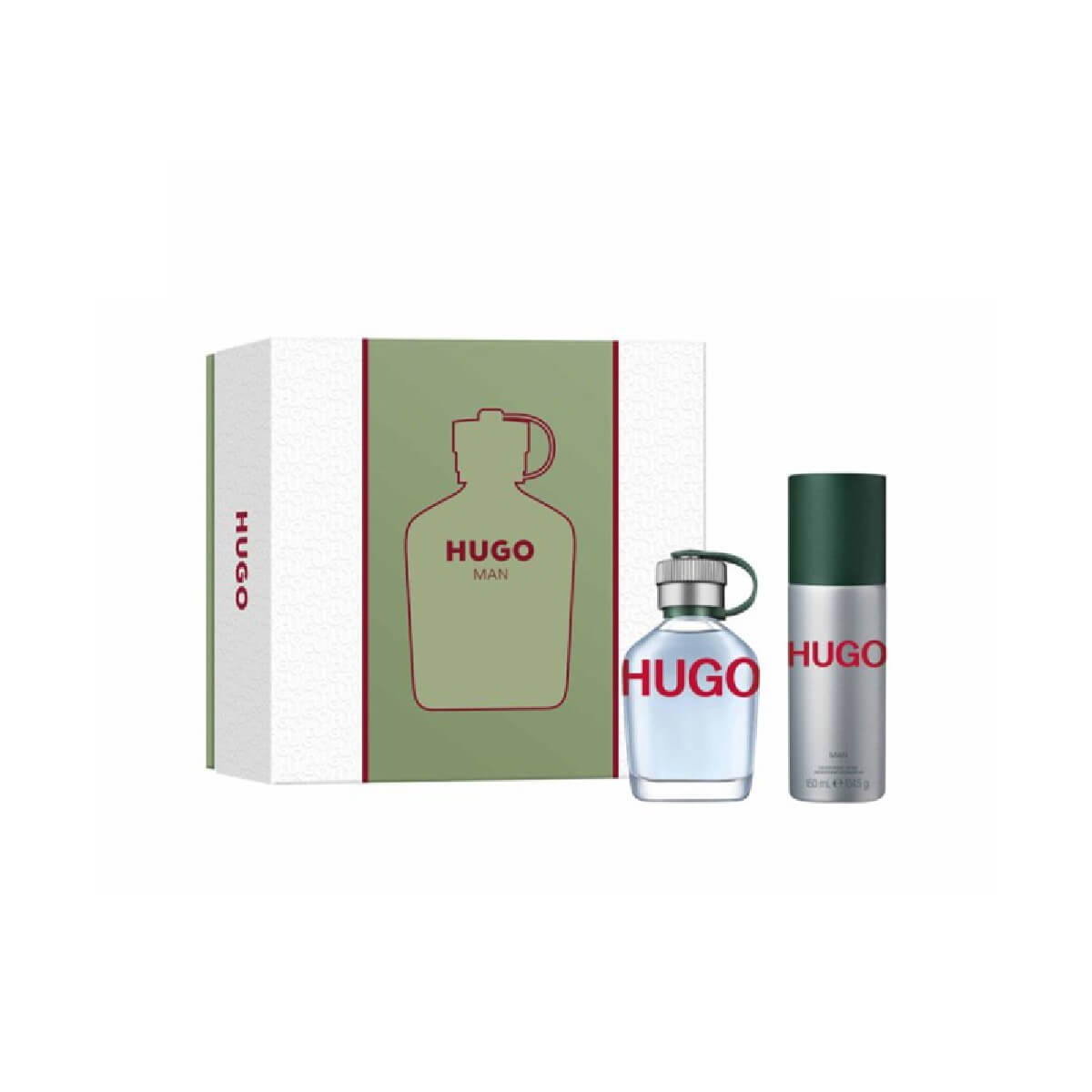 Hugo Boss perfume set with bottle and spray can on a white background