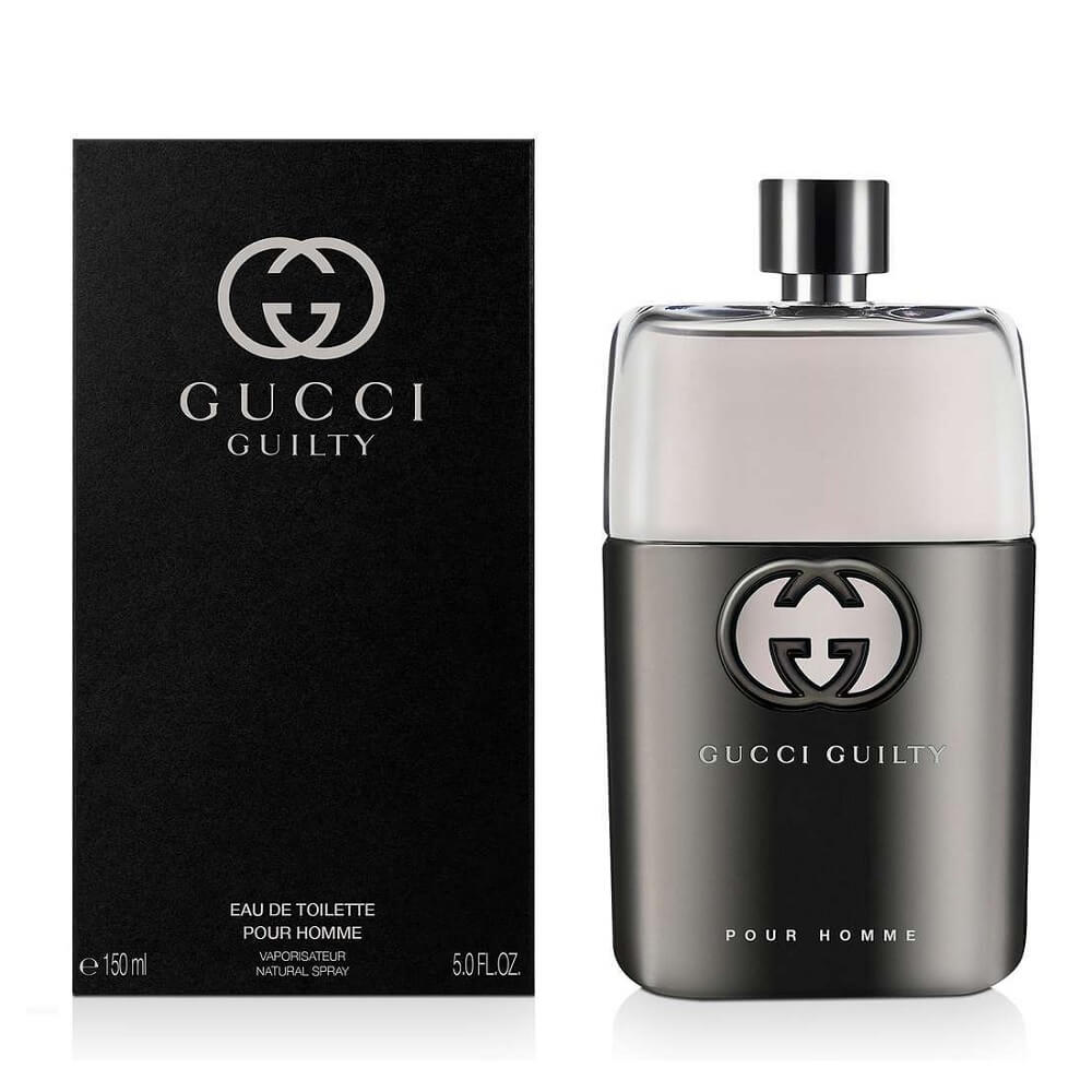 Gucci Guilty Pour Homme perfume bottle, 90ml, with sleek black and silver design