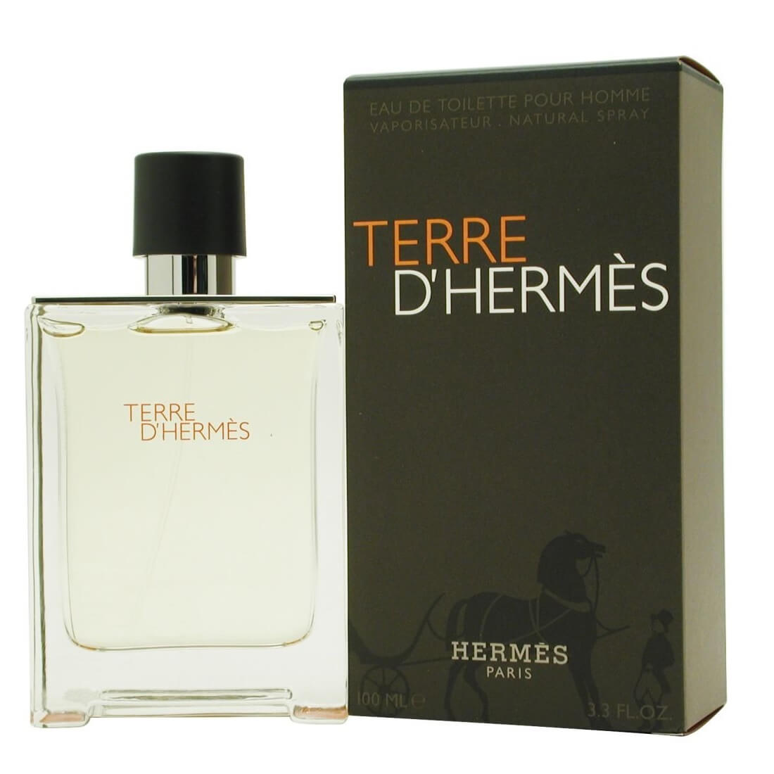 Hermès Terre d'Hermès Eau de Toilette bottle, 100ml, with amber liquid and minimalist design