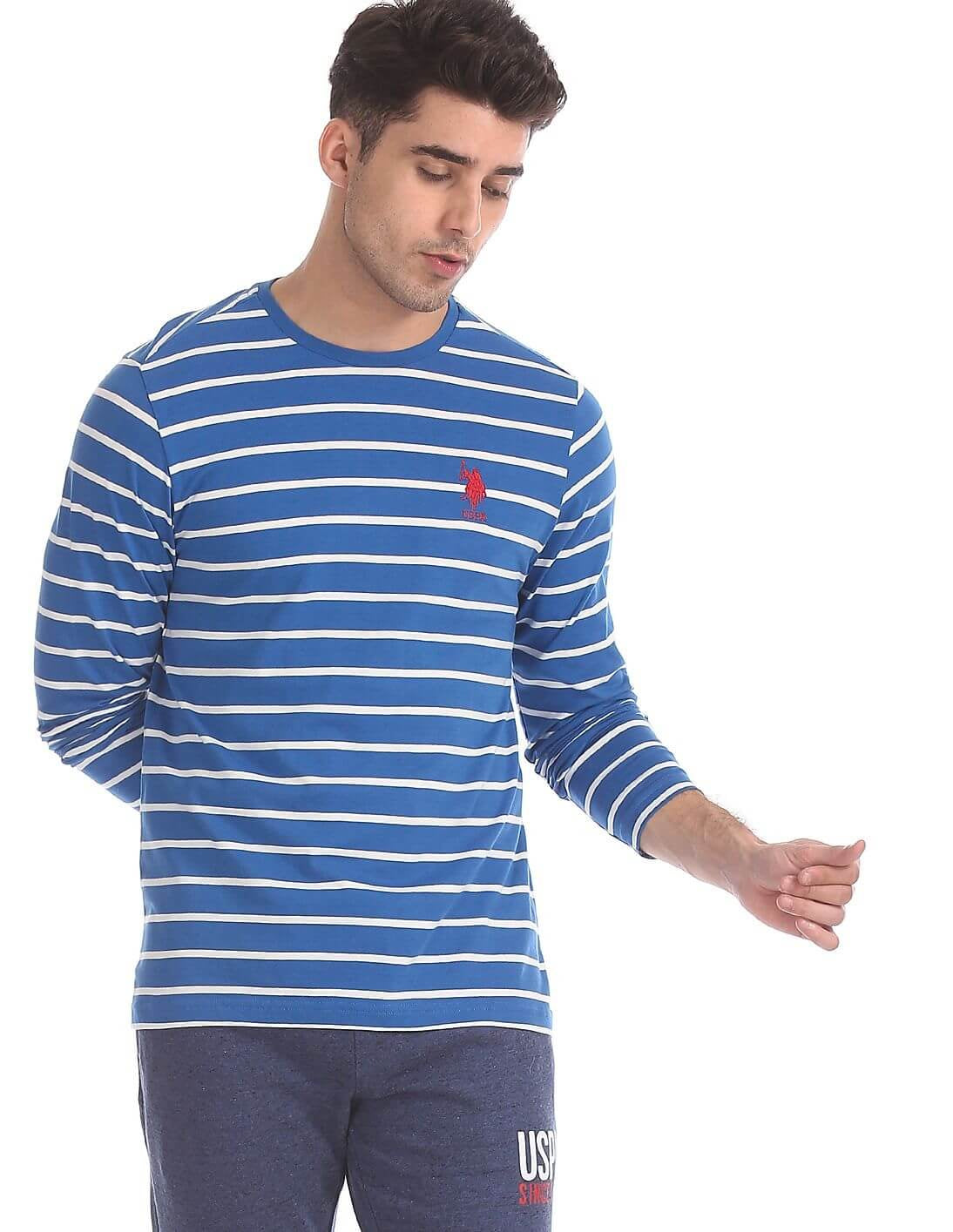 Buy U S Polo Assn Blue Full Sleeve Striped Tshirt for Men I689