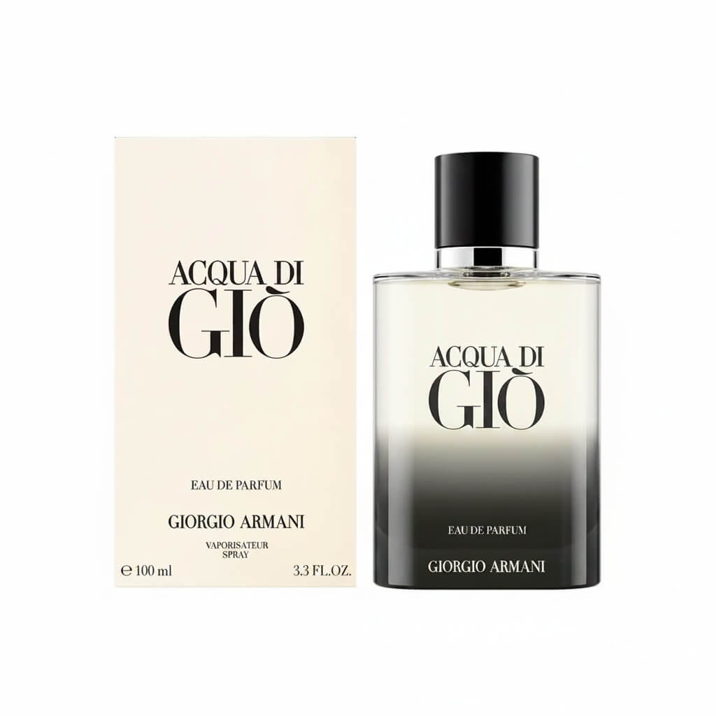 Giorgio Armani Acqua di Gio Eau de Parfum bottle next to its cream-colored packaging box, shown on a plain white background.