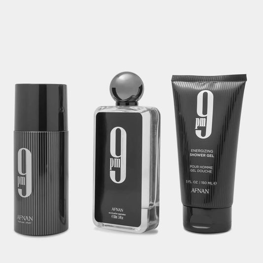 Three Afnan 9 pm men's grooming products on a white background