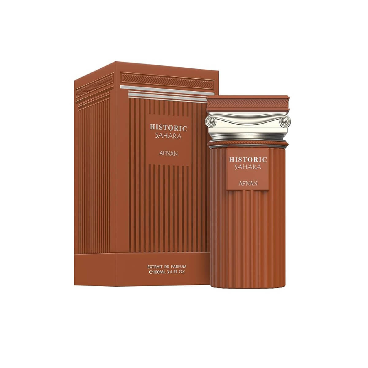 Brown perfume bottle and packaging with 'Historic Sahara' branding on a white background