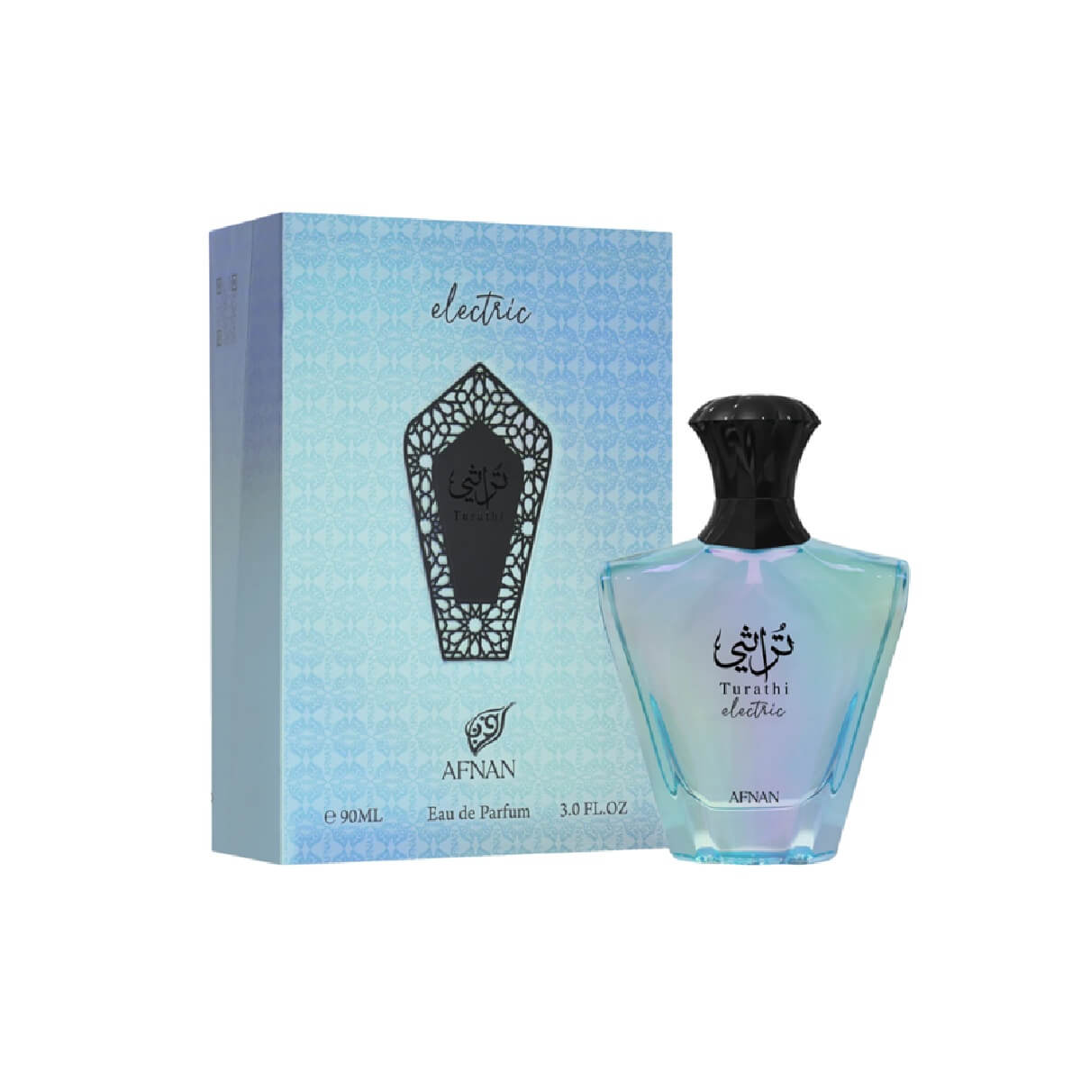 Turabi Electric perfume bottle and packaging by Afnan on a white background
