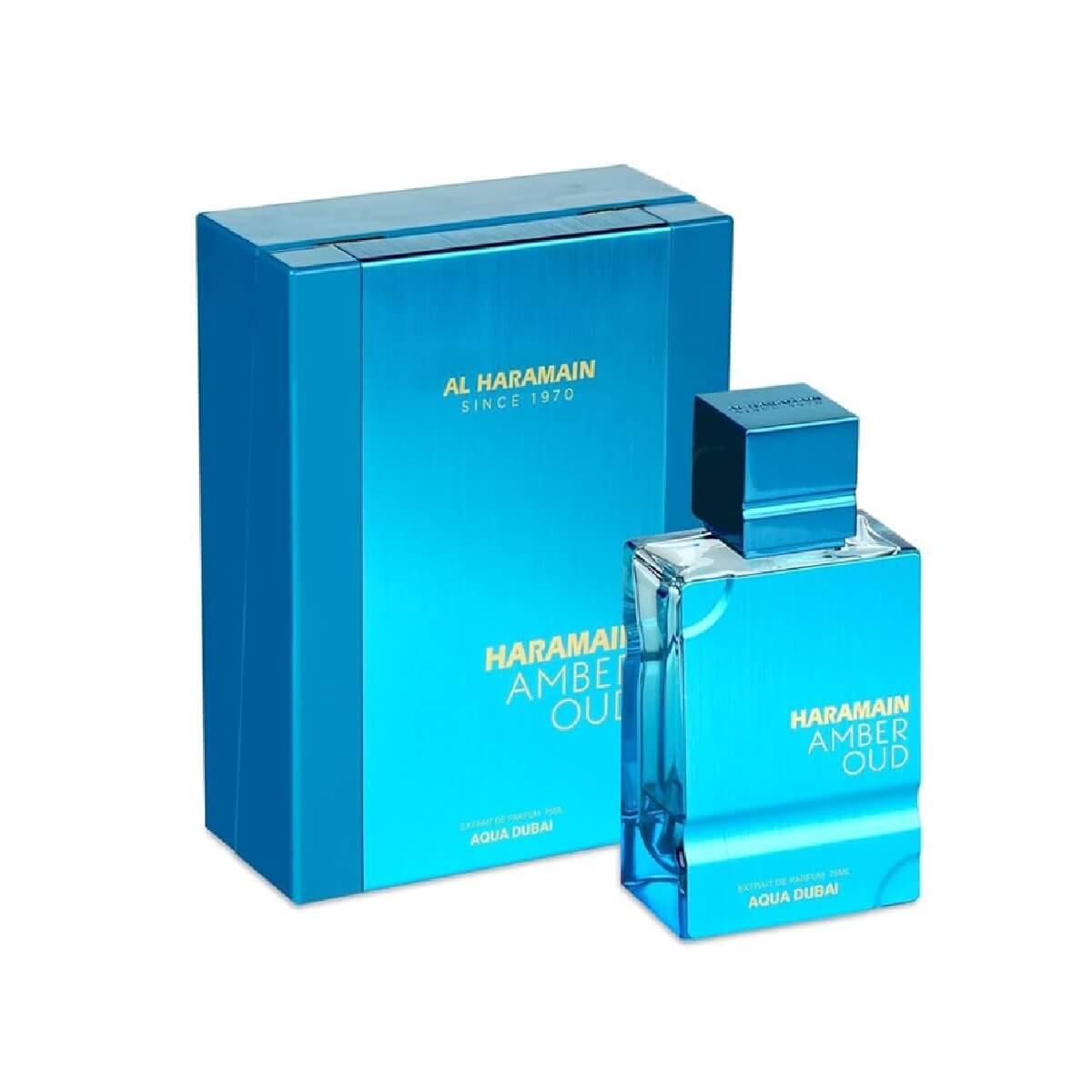 Al Haramain Amber Oud perfume bottle and packaging on a white background
