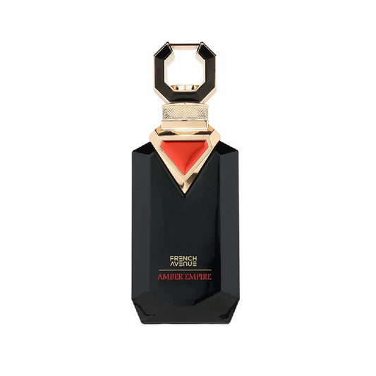 Black perfume bottle with gold and red accents on a white background