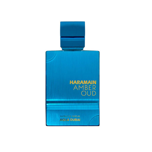 Blue perfume bottle labeled 'Haramain Amber Oud' on a white background
