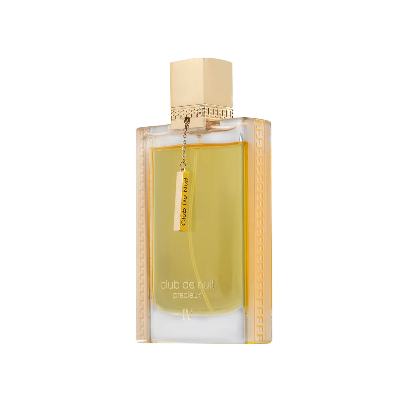 Perfume bottle with gold cap and label club de nuit preciux iv on a white background