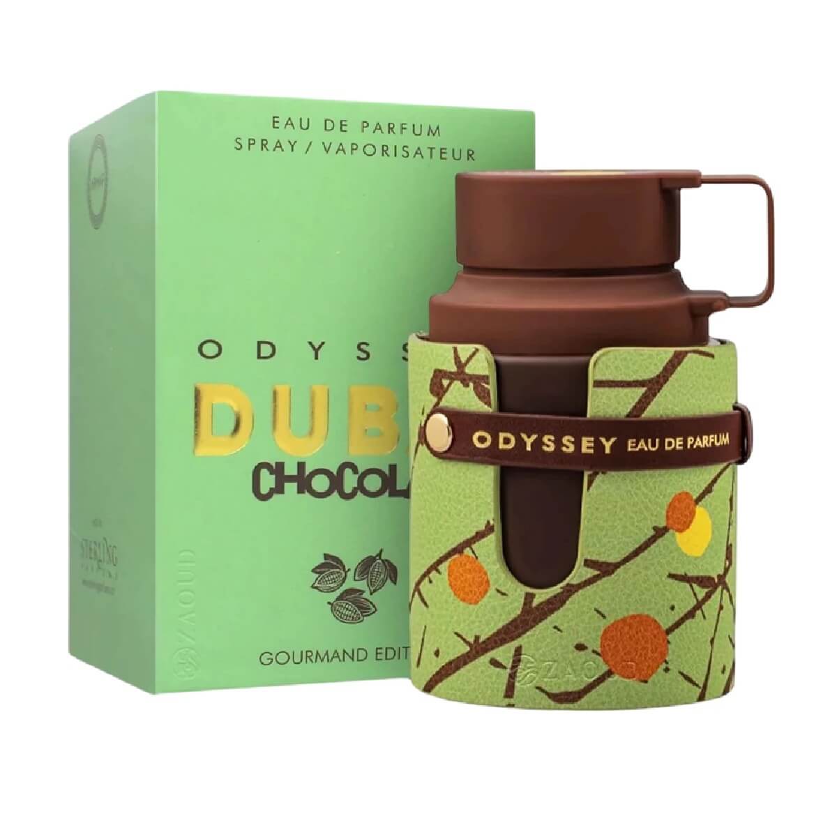 Perfume bottle with green packaging and brown accents, featuring the brand 'Armaf' dubai chocolate.