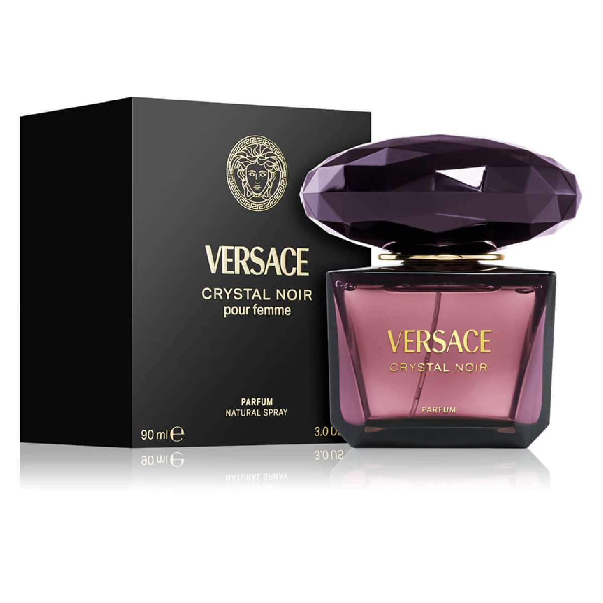 Versace Crystal Noir Parfum bottle and packaging on a white background