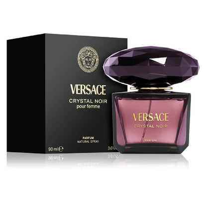Versace Crystal Noir Parfum bottle and packaging on a white background