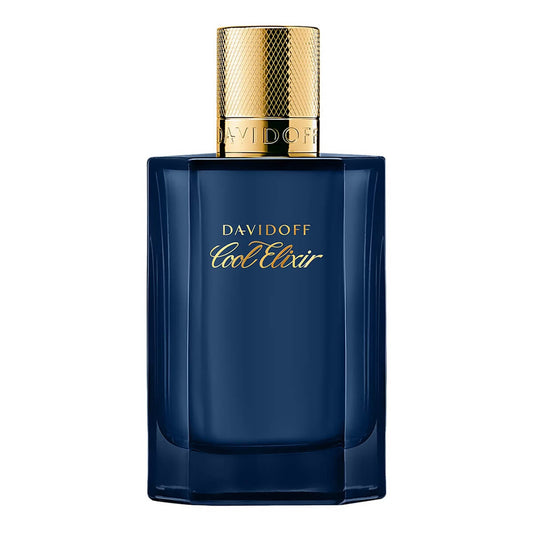 Blue Davidoff Cool Elixir perfume bottle with gold cap on a white background
