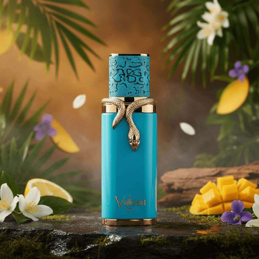 French Avenue Vulcan Feu 100ml EDP perfume bottle - tropical floral luxury fragrance inspired by mango jasmine cedarwood notes