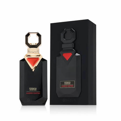 Black perfume bottle with red accents and gold cap next to its packaging on a white background