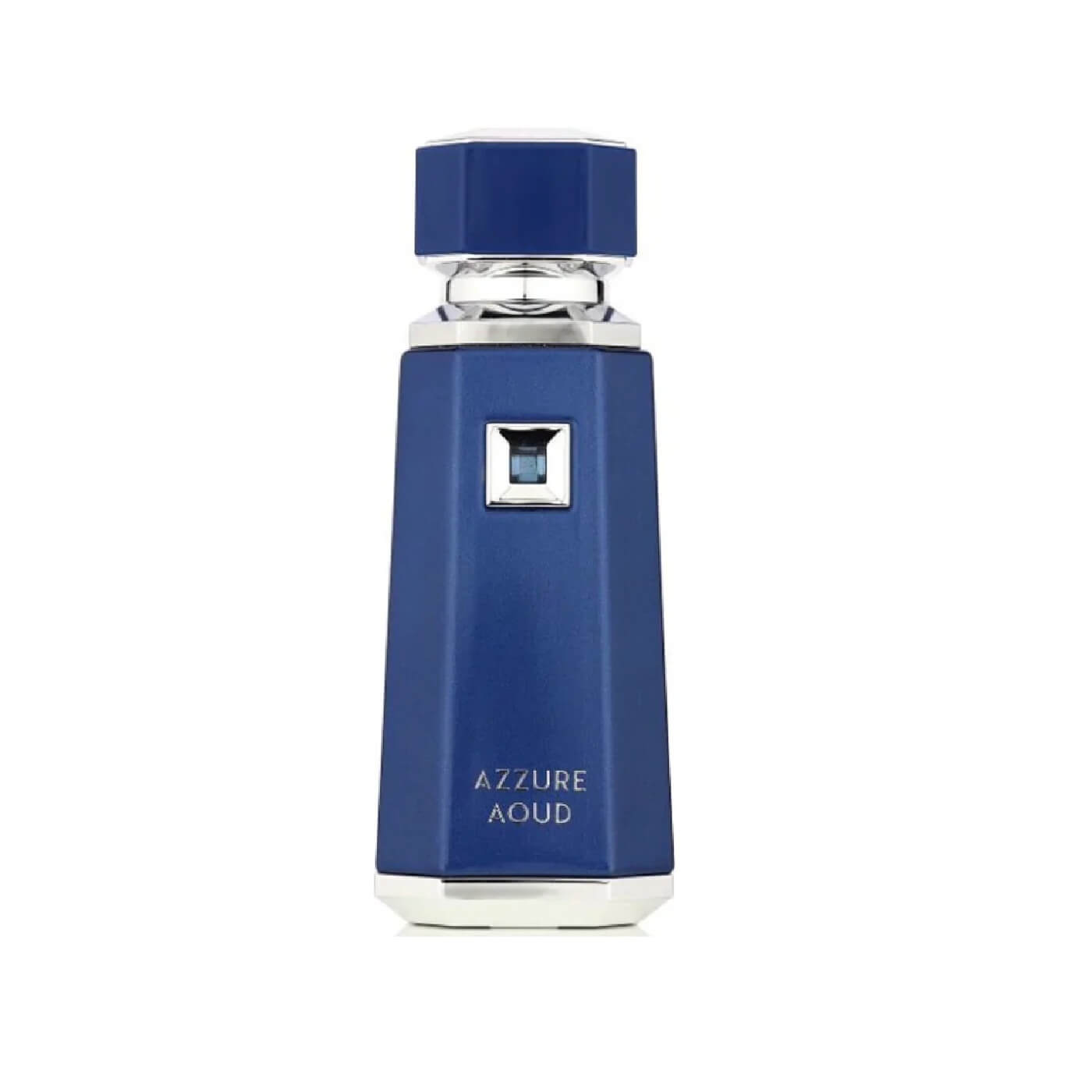 Blue perfume bottle labeled 'Azzure Aoud' on a white background by French Avenue