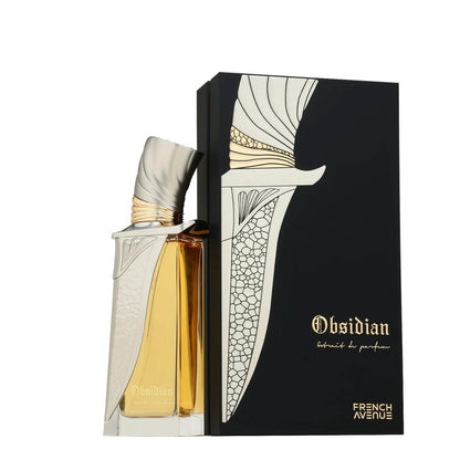 Obsidian perfume bottle and packaging on a white background