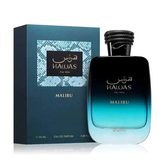 Hawas Malibu perfume bottle and packaging on a white background