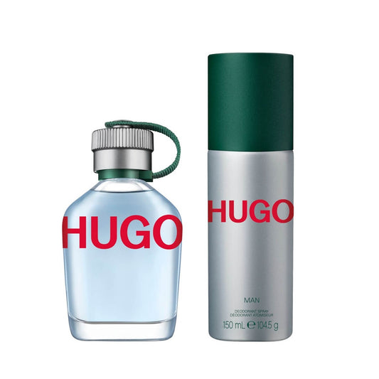Hugo Boss perfume bottle and deodorant on a white background