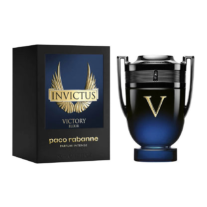 Paco Rabanne Invictus Victory Elixir perfume bottle and packaging on a white background