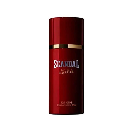 Red deodorant spray bottle with 'Scandal' branding on a white background