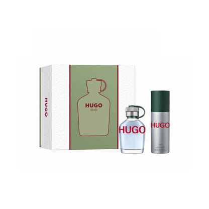 Hugo Boss perfume set with bottle and spray can on a white background