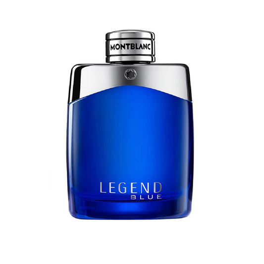 Blue Montblanc Legend Blue perfume bottle on a white background