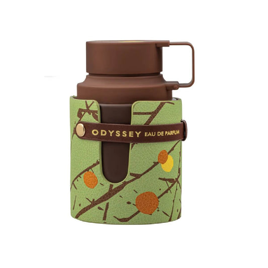 Perfume bottle with green label and brown cap on a white background osyssey chocolate armaf