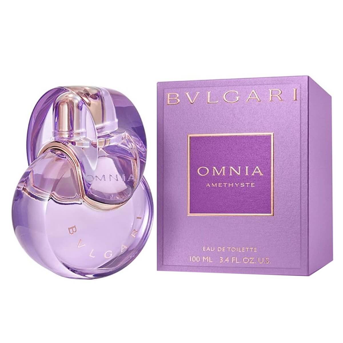 Bulgari Omnia Amethyste perfume bottle and packaging on a white background