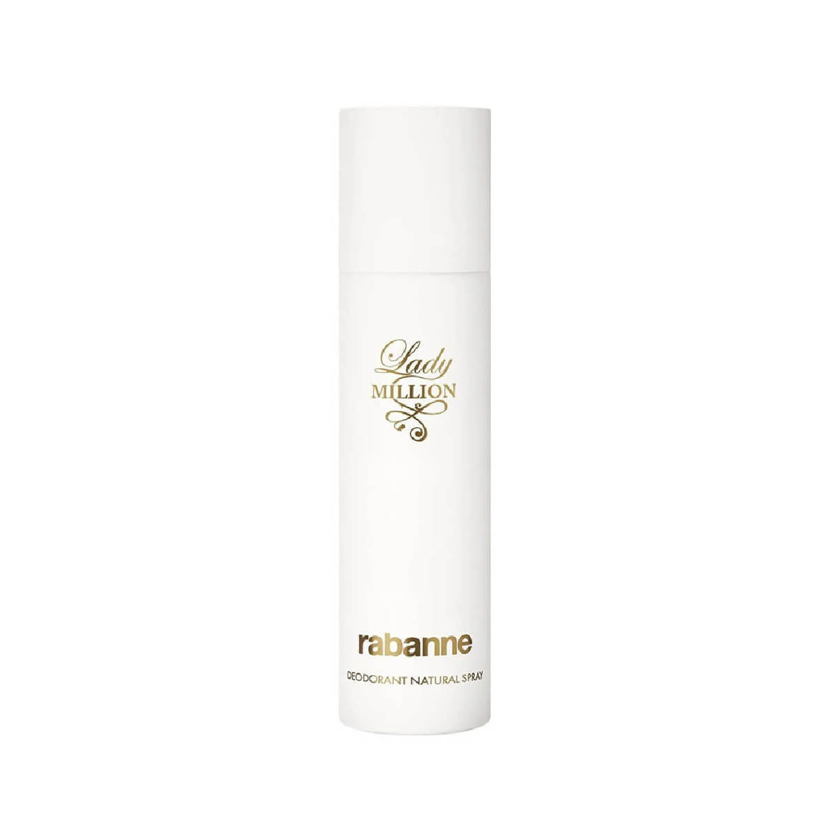 Rabanne Lady Million deodorant spray bottle on a white background