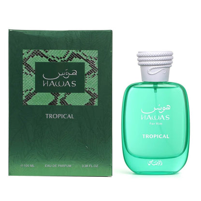 Hawas Tropical perfume bottle and packaging on a white background