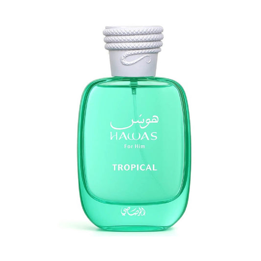 Green perfume bottle with white cap on a white background tropical hawas rasasi