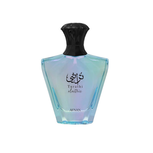 Perfume bottle with black cap and iridescent blue body on a white background with turathi electric afnan branding