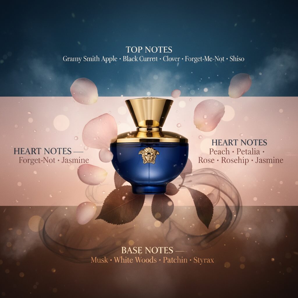 Versace Dylan Blue Perfume bottle with fragrance notes on a decorative background