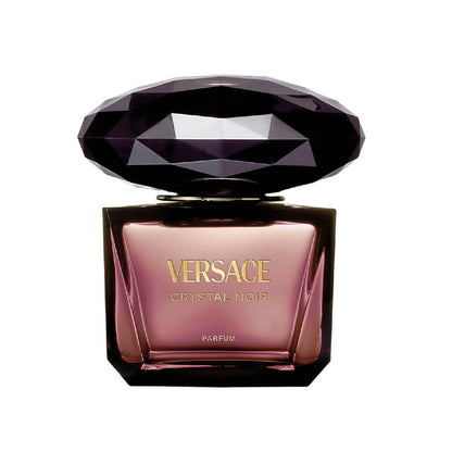Versace Crystal Noir perfume bottle with a purple gemstone on a white background