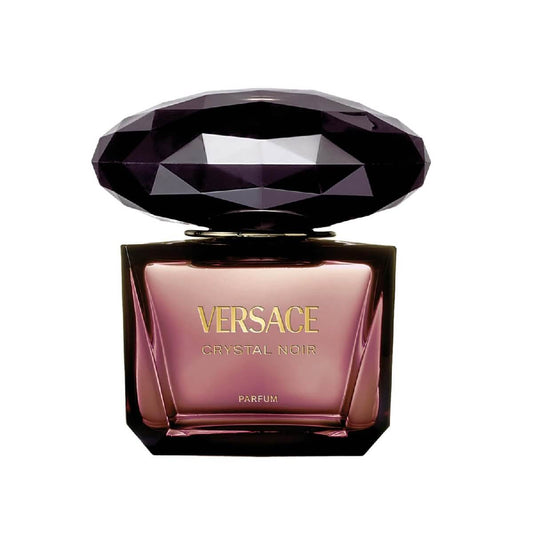 Versace Crystal Noir perfume bottle with a purple gemstone on a white background